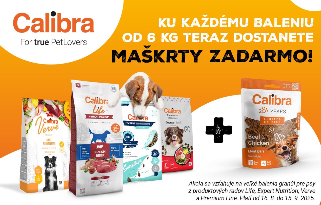 4 vrecia granúl, balenie maškŕt, pes a text: Ku každému baleniu od 6 kg dostanete MAŠKRTY ZADARMO. Akcia platí do 15.9.2025