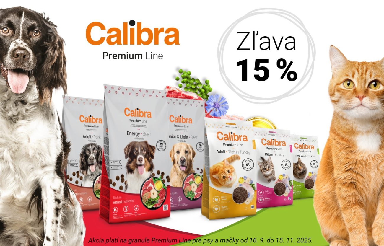 Fotka psa a mačky, granúl z radu Premium Line pre psy a Premium Line pre mačky a text: Zľava 15 %, akcia platí do 15.11.2025