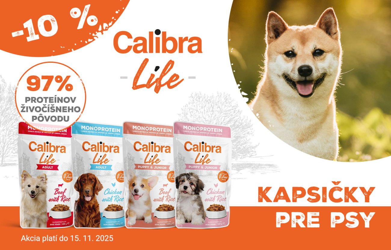 Obrázok psa, 4 druhov psích kapsičiek Calibra Dog Life a text: Kapsičky pre psy, 10 % zľava, akcia platí do 15.11.2025