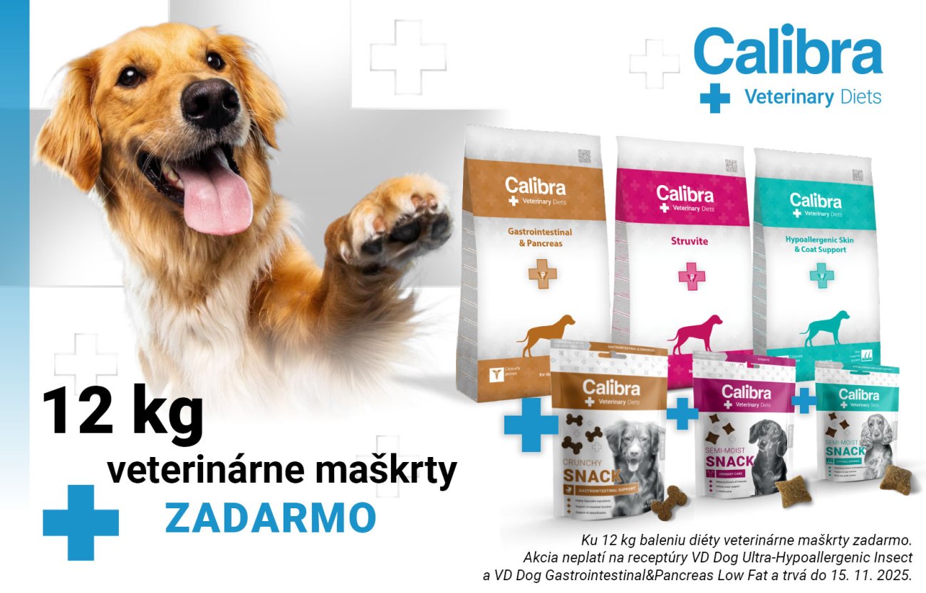 Obrázok psa, 3 balení granúl Calibra VD a 3 druhov maškŕt + text: 12 kg balenie + veterinárne maškrty ZADARMO do 15.11.2025