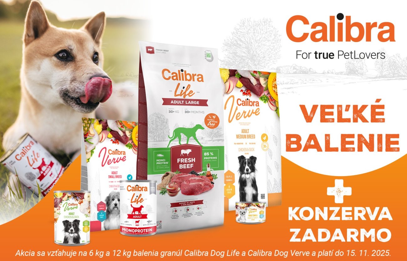 Obrázok psa a veľkých vriec granúl z radu Life a Verve a k tomu konzervy a text: Veľké balenie+konzerva zadarmo do 15.11.2025