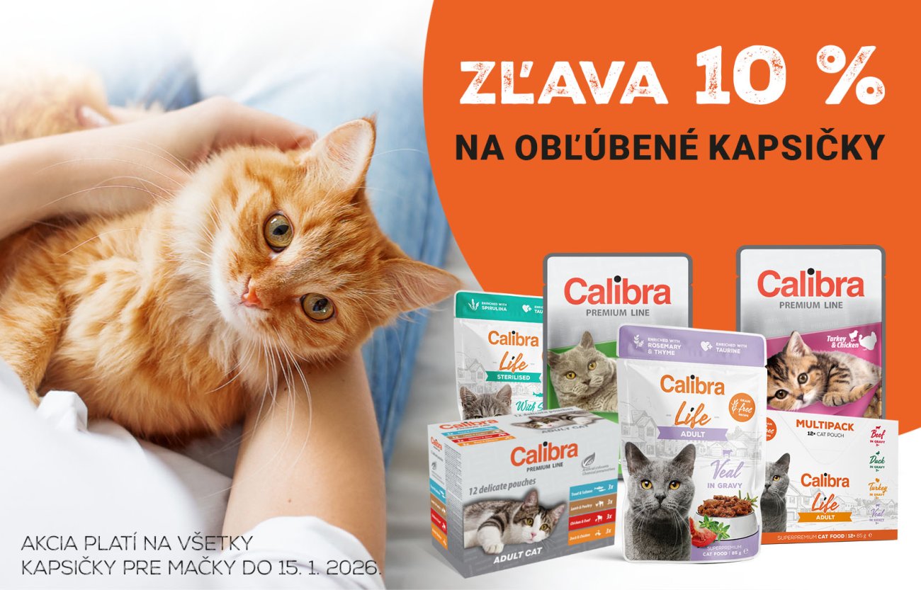 Obrázok ryšavej mačky a vedľa nej niekoľkých kapsičiek Calibra Life a Premium Line + text: 10 % zľava, platí do 31.1.2026
