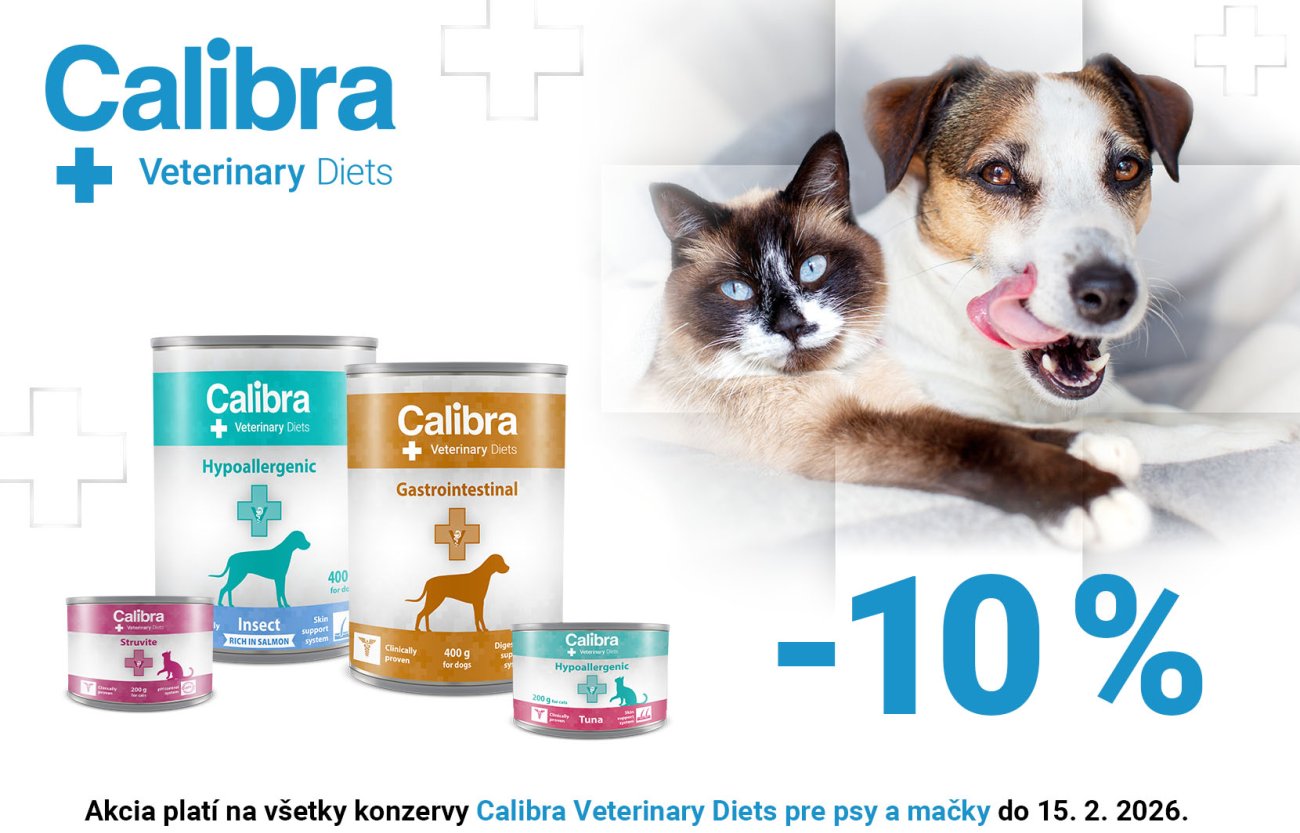 Spoločná fotka psa a mačky, vedľa obrázky 4 konzerv vet. diét a text: -10% na konzervy pre psy a mačky, platí do 15.2.2026