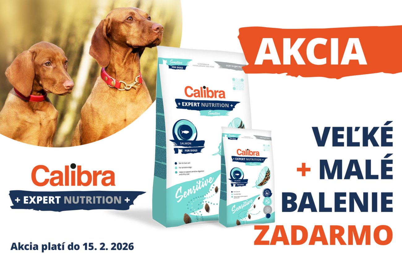 Fotografia 2 psov a vedľa nich granule Calibra Expert Nutrition + text: Akcia, veľké+malé balenie zadarmo, platí do 15.2.2026