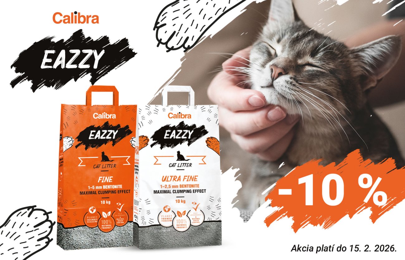 Fotografia spokojnej mačky a v popredí 2 balenia podstielok Calibra EAZZY + text: -10 %, akcia platí do 15.2.2026