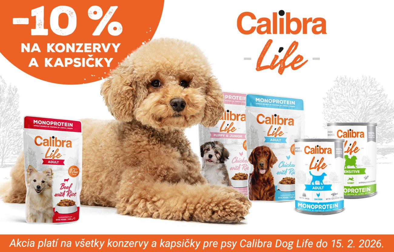 Fotografia psa s 2 konzervami a 3 kapsičkami Calibra Life + text: -10% na konzervy a kapsičky, akcia platí do 15.2.2026