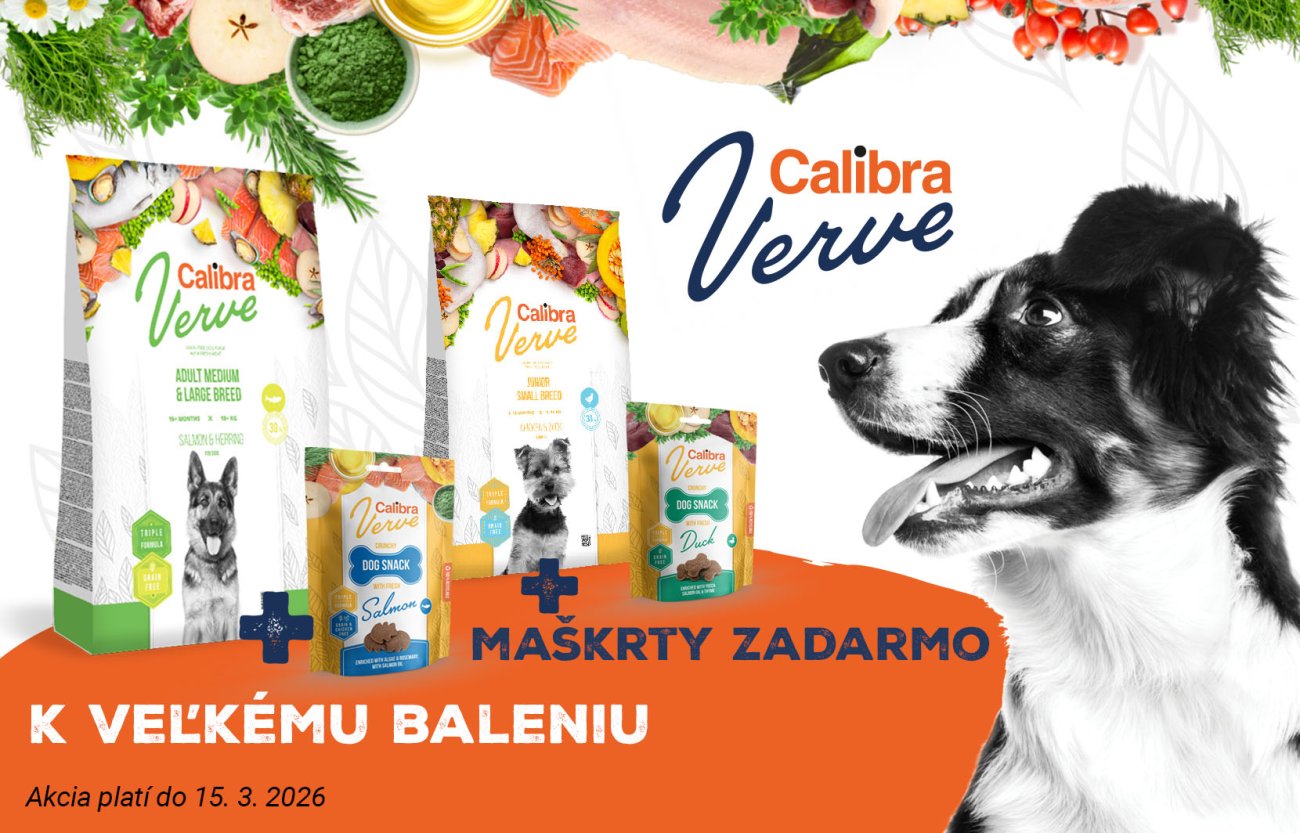 Obrázok psa, 2 balení granúl Calibra Verve a maškŕt + text: K veľkému baleniu maškrty zadarmo, akcia platí do 15.3.2026