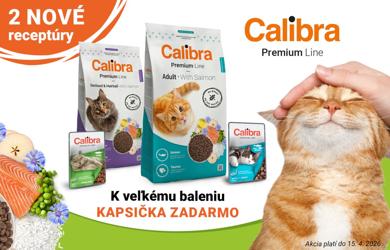 Obrázok mačky a 2 balení granúl Premium Line + text: 2 nové receptúry, k veľkému baleniu kapsička zadarmo, do 15.4.2026