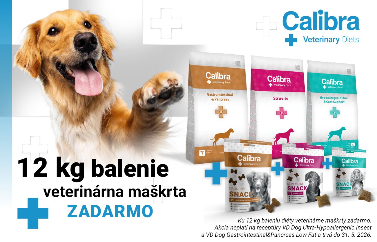 Obrázok psa, 3 balení granúl Calibra VD a 3 druhov maškŕt + text: 12 kg balenie + veterinárna maškrta ZADARMO do 31.5.2026