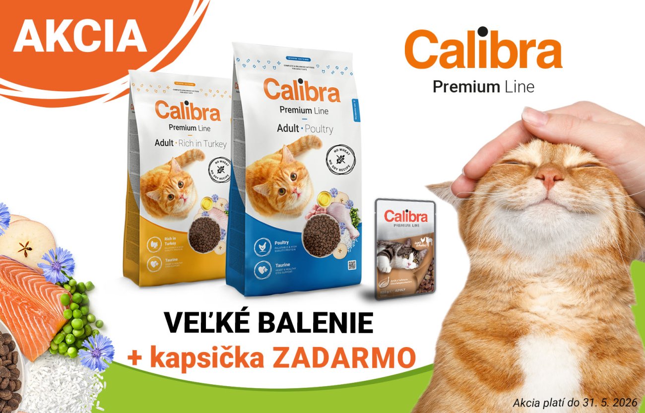 Obrázok mačky a 2 balení granúl Premium Line a text: veľké balenie+kapsička zadarmo, platí do 31.5.2026