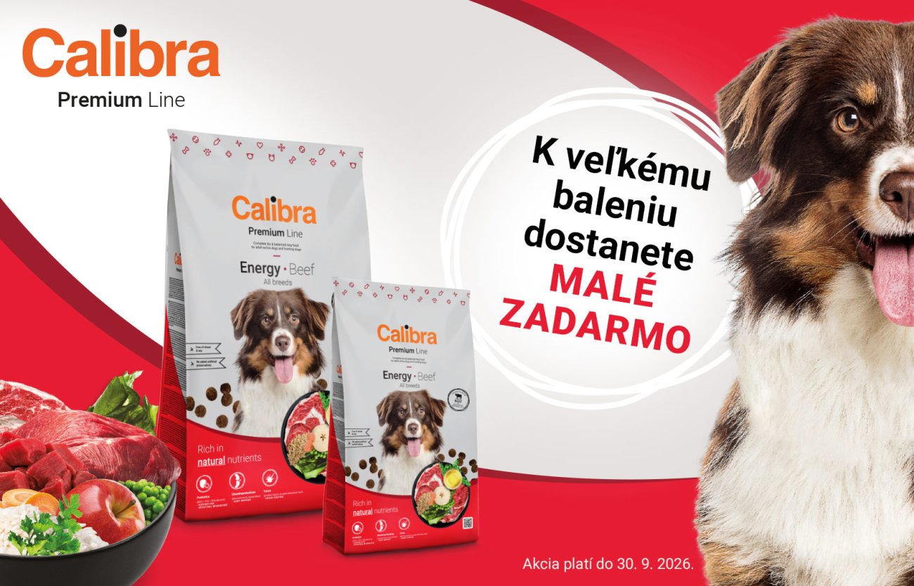 Banner Calibra Premium Line: ku granulám pre psy malé balenie zdarma. Akcia do 30. 9. 2026.