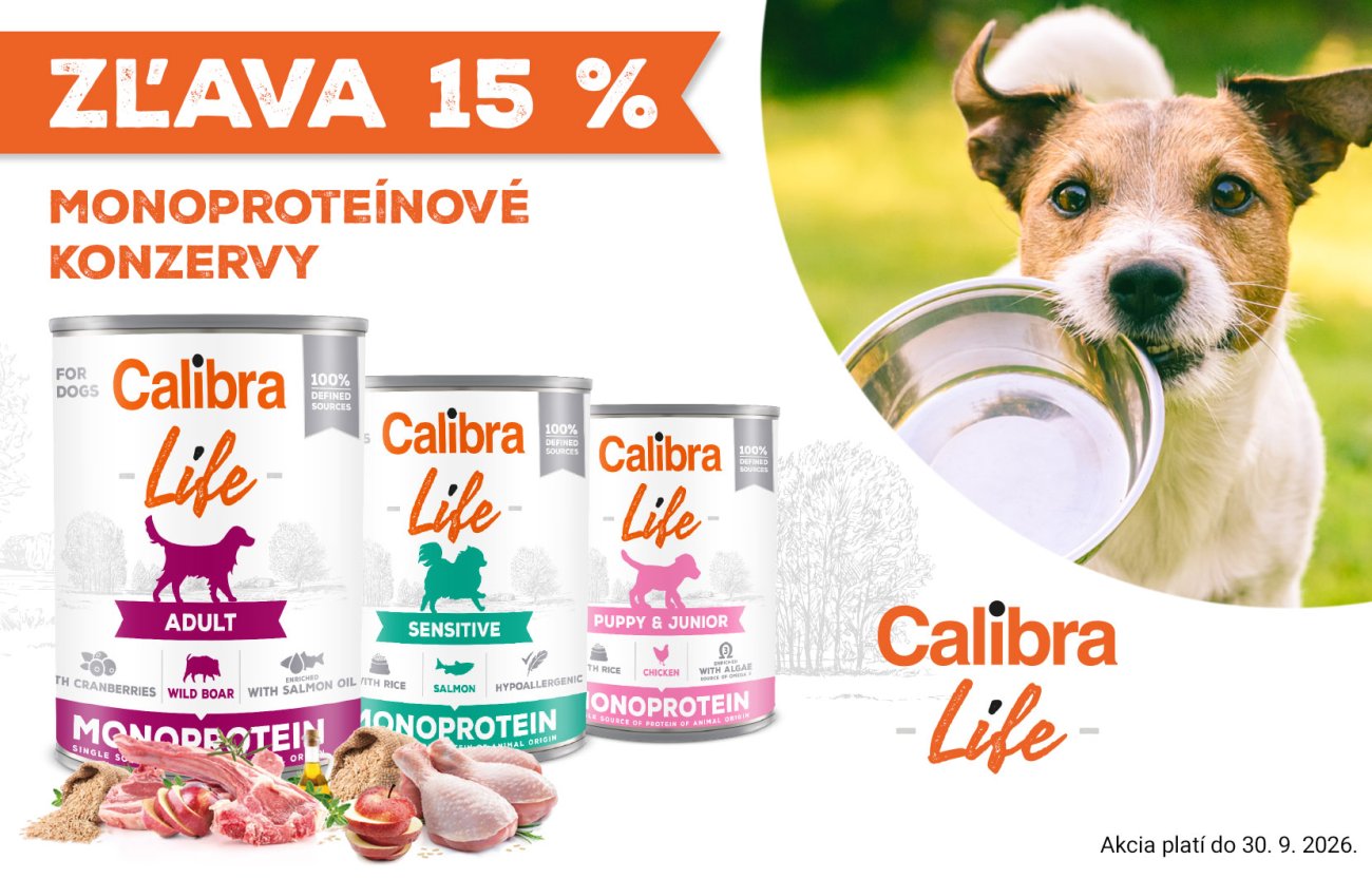 Banner Calibra Life: zľava 15 % na monoproteínové konzervy pre psy. Akcia platí do 30. 9. 2026.