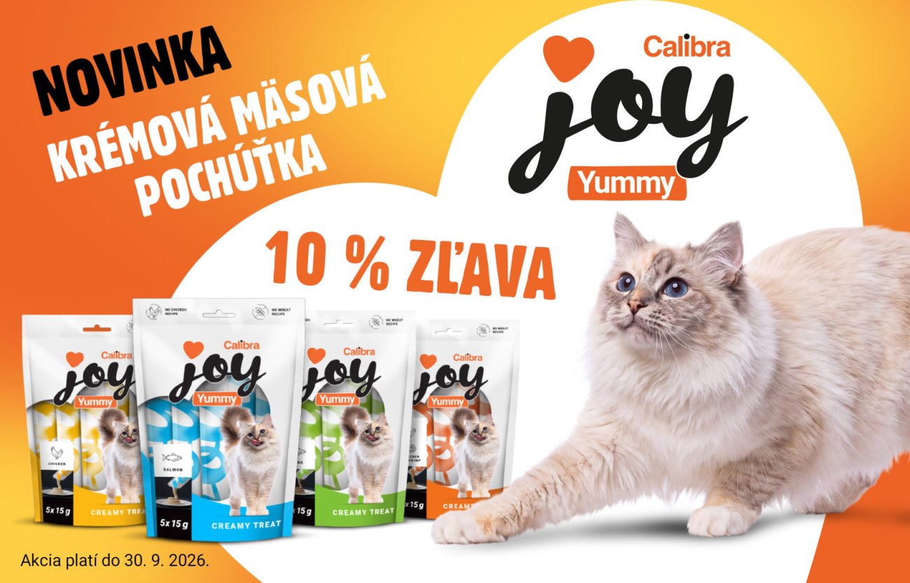 Banner Calibra Joy Yummy: zľava 10 % na mäsové krémové maškrty pre mačky. Akcia platí do 30. 9. 2026.