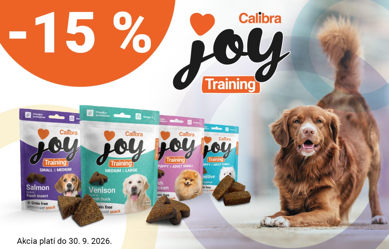 Banner Calibra Joy Training: zľava 15 % na tréningové maškrty pre psy. Akcia platí do 30. 9. 2026.