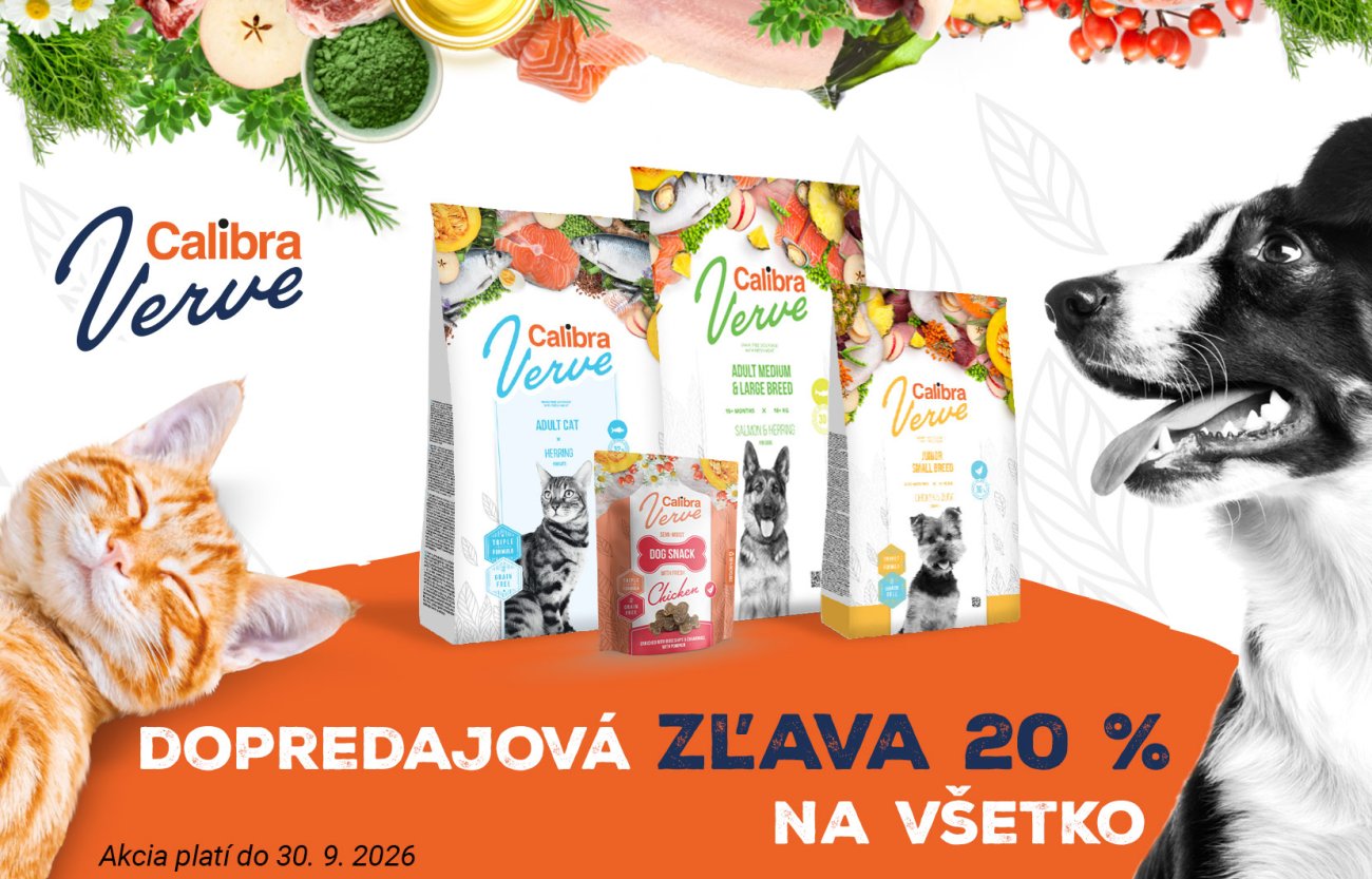 Banner Calibra Verve: výpredajová zľava 20 % na všetky produkty. Akcia platí do 30. 9. 2026.