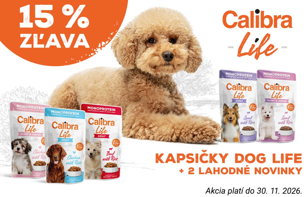 15 % zľava na kapsičky Calibra Dog Life vrátane 2 noviniek. Akcia platí do 30. 11. 2026.